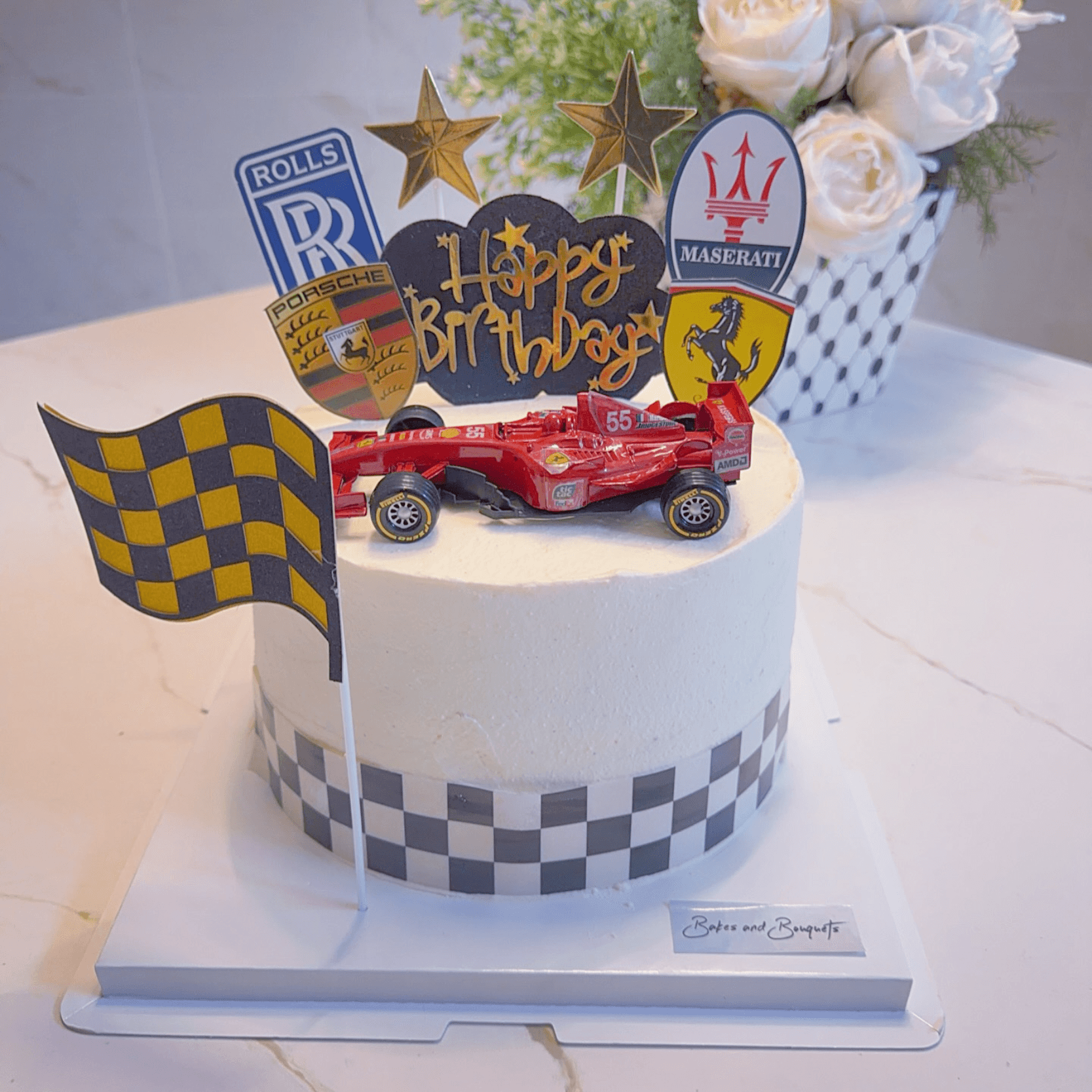 6 inch white racecar themed cake